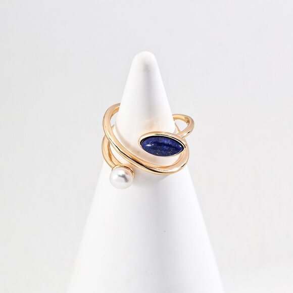 ✨ Artisan Original Lapis Lazuli & Pearl Bypass Ring | S925 Gold Adjustable - Picture 1 of 8